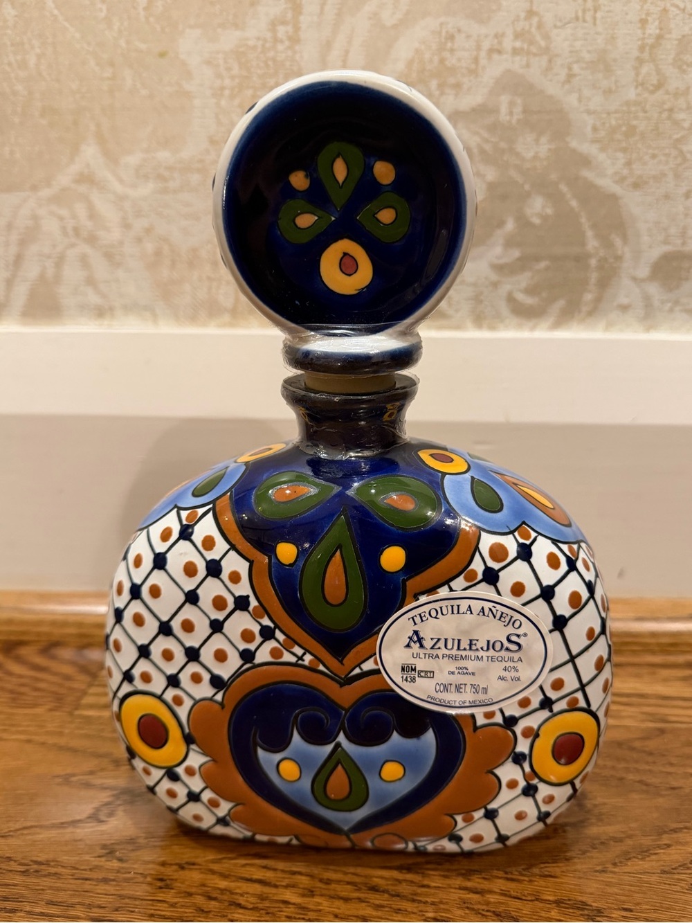 AzulejoS Hand-Painted Blue Ceramic Tequila empty bottle